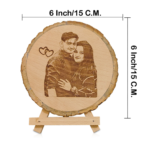 Natural Wooden Slice Engraved Photo Frame with Wood Stand size (6 Inch, Round Shape)